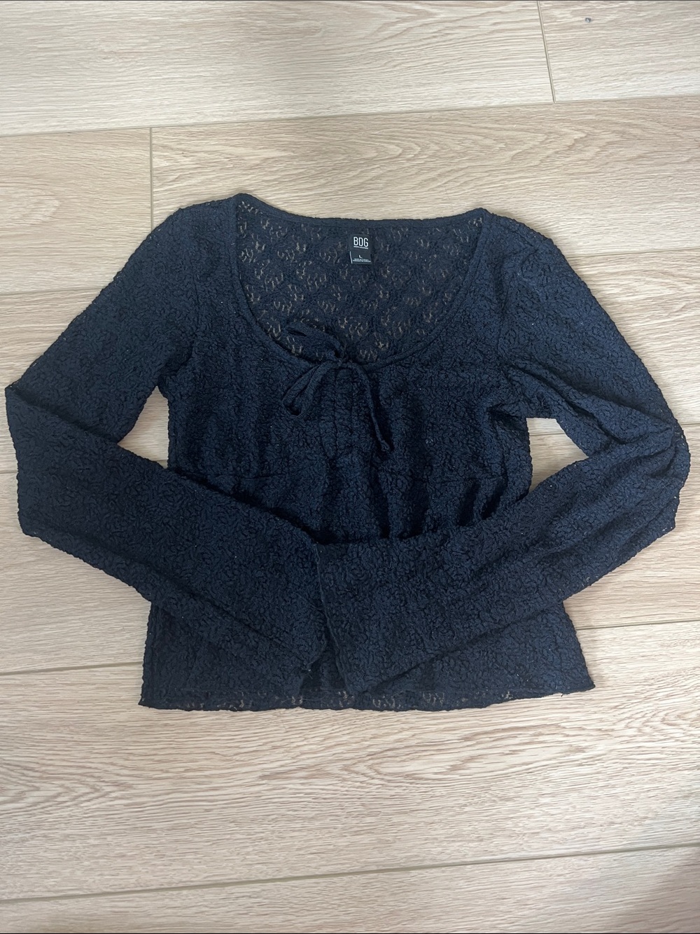 BDG Black Lace Tie-Front Long Sleeve Top with Scoop Neck